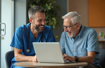 Fototapeta premium Young doctor, senior man laugh together looking at laptop screen. Volunteer enjoys communication with aged person. Two people, conversation, healthcare. Home care, online consultation, support for