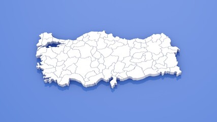 3D Render of Turkey Map with State Borders on Blue Background