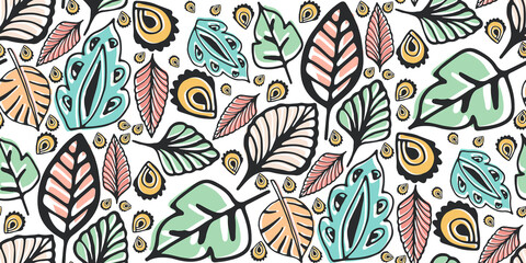 Vibrant hand-drawn tropical leaves with artistic shapes in colorful patterns on a background