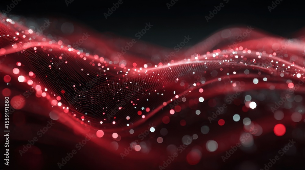 Poster flowing red and white wave patterns form an abstract digital landscape. the light effects create dep