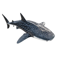 Fototapeta premium A whale shark swims in dark water its spotted skin visible against the black background