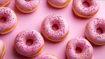A festive array of pink-frosted donuts with sprinkles evokes celebrations like birthdays and National Donut Day, highlighting sugary delights and confectionery aesthetics