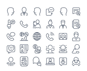 Clean Line Icons for Speaking & Dialogue – 30 Essentials in Grid Layout