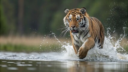 Fototapeta na wymiar A tiger running through water creating splashes in a natural outdoor environment with trees behind - ai generated