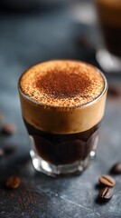 Close-up of Iced Dalgona Coffee with Cocoa Powder, Dark Moody Style, Gourmet Beverage.
