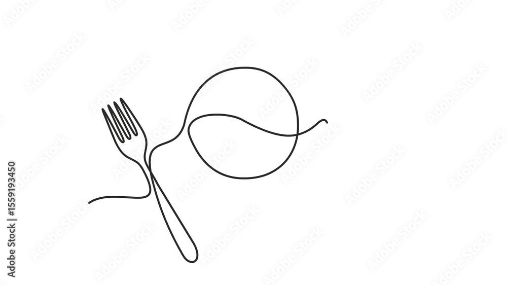 Poster animated self drawing of continuous line draw of plate, knife and fork. full length one line animati