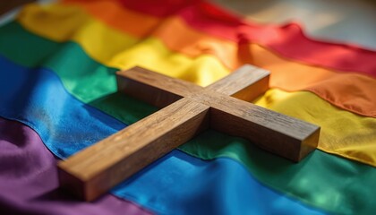 Wooden cross over rainbow LGBT flag. Christianity religion faith, homosexuality freedom, pride symbol. Tolerance and reformation concept. LGBTQ rights in church.