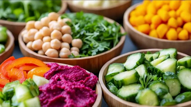 Colorful bowls feature fresh salads and dips, ideal for vegan diets and summer picnics vibrant vegetables and hummus evoke health and freshness