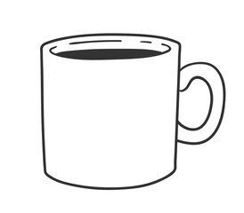 Vector minimal line art isolated illustration of a plain coffee mug filled with dark liquid in black and white.