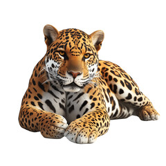 Obraz premium Majestic jaguar resting on black background showcasing its spotted coat and intense gaze