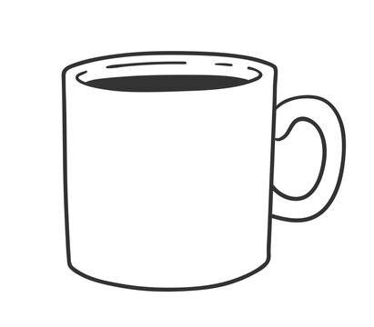 Vector minimal line art isolated illustration of a plain coffee mug filled with dark liquid in black and white.