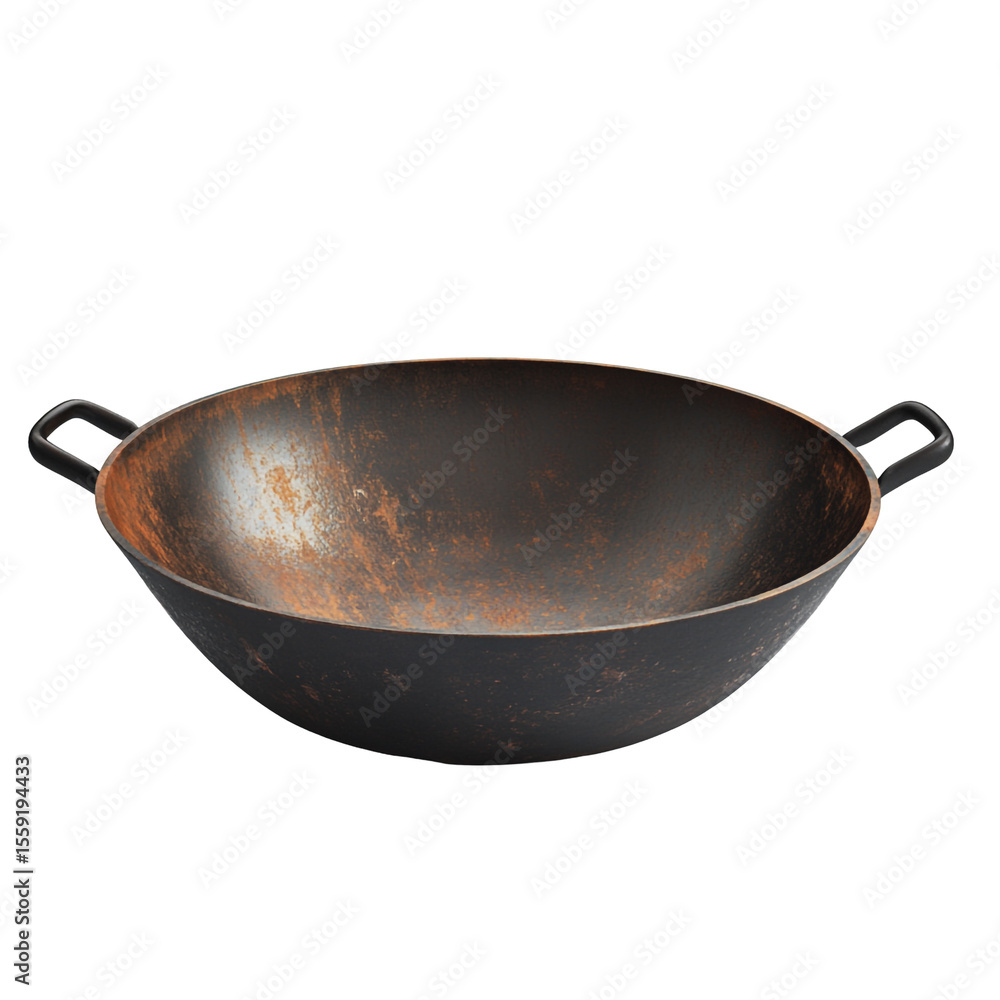 Poster rustic dark wok with handles showing signs of age and use ideal for cooking