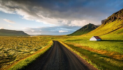 Fototapeta premium countryside of iceland with lighting on grass and off road way to travel for roadtrip in iceland