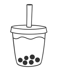 Vector simple outline isolated illustration of bubble tea cup with tapioca balls in black and white.