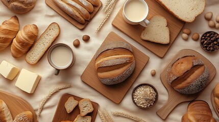 A warm, bakery-themed backdrop with fresh baked goods arranged from top to bottom, such as baguettes, croissants, bagels, cinnamon rolls, and breadsticks.