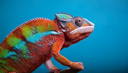 Obraz premium colorful chameleon on a blue background generative ai