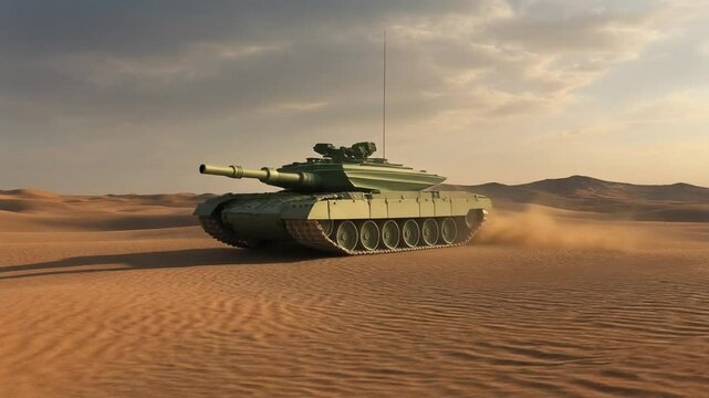 Un tanque est&aacute; maniobrando en un desierto.