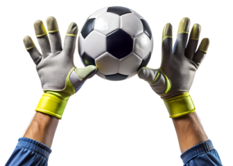 A soccer goalkeepers hands catching a ball with yellow gloves, isolated on transparent background, demonstrating protective equipment in a sports action