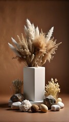 A pampas grass bouquet in a white vase with stones creates a still life