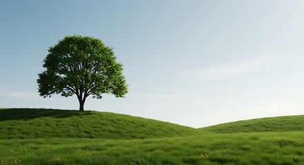 Fototapeta premium A serene and minimalist landscape featuring a single, solitary tree with a vibrant green canopy standing proudly atop a lush, rolling hill. 