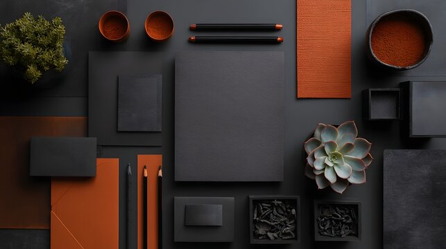 Sophisticated dark grey and burnt orange branding mockup featuring stationery, succulents, and textured materials.