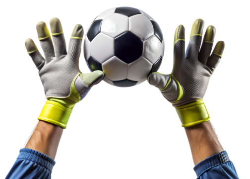 A soccer goalkeepers hands catching a ball with yellow gloves, isolated on transparent background, demonstrating protective equipment in a sports action