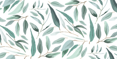 Elegant botanical pattern featuring light and dark green eucalyptus leaves on white