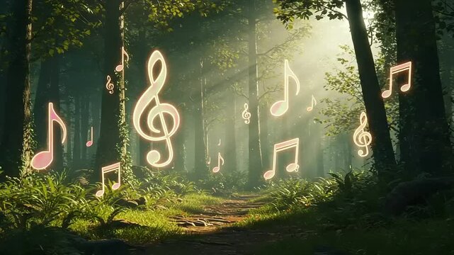 Forest path with musical notes