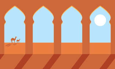 Vector illustration of desert camels viewed through traditional Islamic arched windows. Middle Eastern architecture in warm, minimalistic style with sunlight and shadows.
