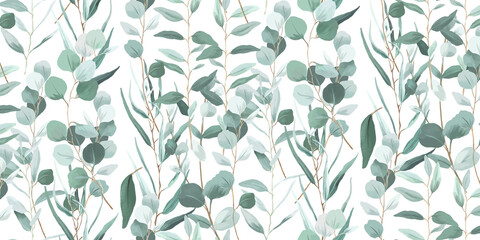 Elegant eucalyptus leaves seamless pattern design, botanical modern style