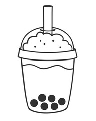Vector line art isolated illustration of bubble tea drink with tapioca pearls in black and white.