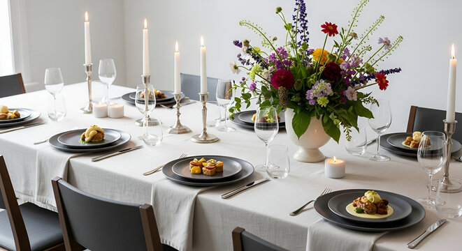 An elegant dining table set for a fine dining experience, adorned with a vibrant floral centerpiece and glowing candlelight for a celebration.