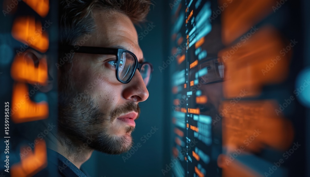 Aufkleber Focused pro analyzing digital data. Man with glasses looking at data screen. Tech expert studying information, doing system analysis. High tech computing, software programming, future tech.