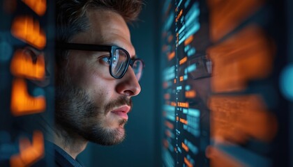 Focused pro analyzing digital data. Man with glasses looking at data screen. Tech expert studying information, doing system analysis. High tech computing, software programming, future tech.