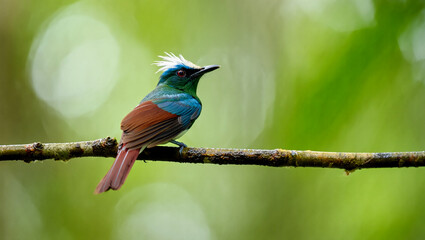 Naklejka premium Green blue bird with crest on branch wildlife nature