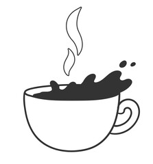 Vector line art isolated illustration of a cup with hot coffee splash and steam in black and white.