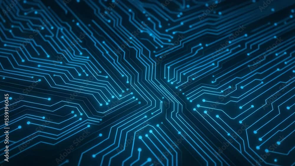 Poster a detailed close-up image of a circuit board, showcasing intricate blue lines and connections that r