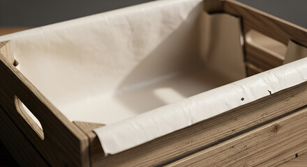 A rustic empty wooden crate with a clean paper liner, viewed from a high angle. A versatile background container for storage or packaging.