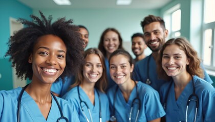 Group young diverse medical professionals. Smiling, happy doctors, nurses, staff. Medicine healthcare team collaboration, teamwork. Clinic hospital portrait, confidence, joy, cheerful, friendship.