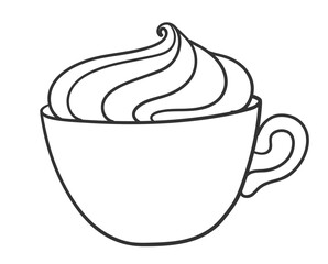 Vector minimal line art isolated illustration of a dessert drink in a cup topped with whipped cream in black and white.