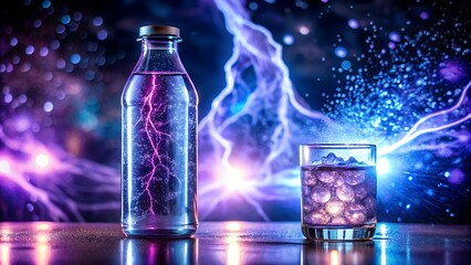 A bottle and glass of water with lightning strike abstract background