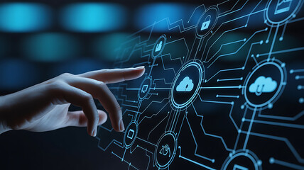 Human finger touching digital network with cloud icons isolated on a transparent background