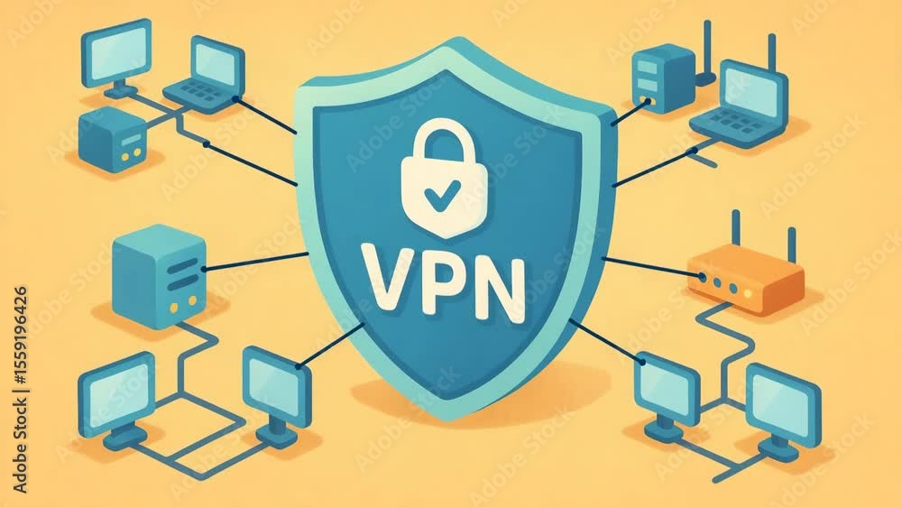 Poster a modern illustration depicting a vpn symbol with a shield, surrounded by various devices like compu