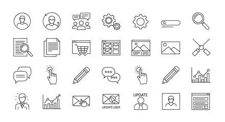 Collection of thin line icons representing business technology and communication concepts.