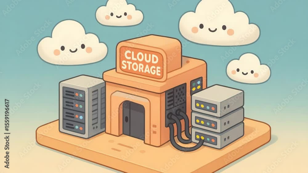 Poster a whimsical illustration of a cloud storage building surrounded by cute clouds. the image highlights