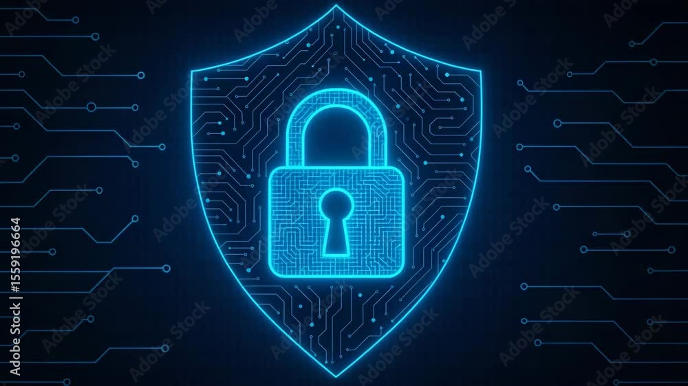 Poster a digital shield graphic representing cybersecurity. the design features a glowing padlock on a circ