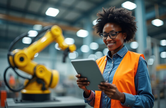 Smiling african american female engineer with glasses, orange vest controls robot arm using tablet. Robotics, manufacturing, industry innovation. Woman at work in automated factory, AI, tech. Modern