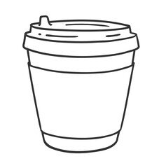Vector minimal line art isolated illustration of a takeaway coffee cup with lid in black and white.
