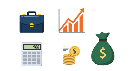 Business and Finance Icons Briefcase Graph Calculator Coins and Money Bag.