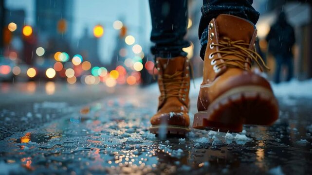 close-up of boots splashing through slushy sidewalk, bokeh city lights in background